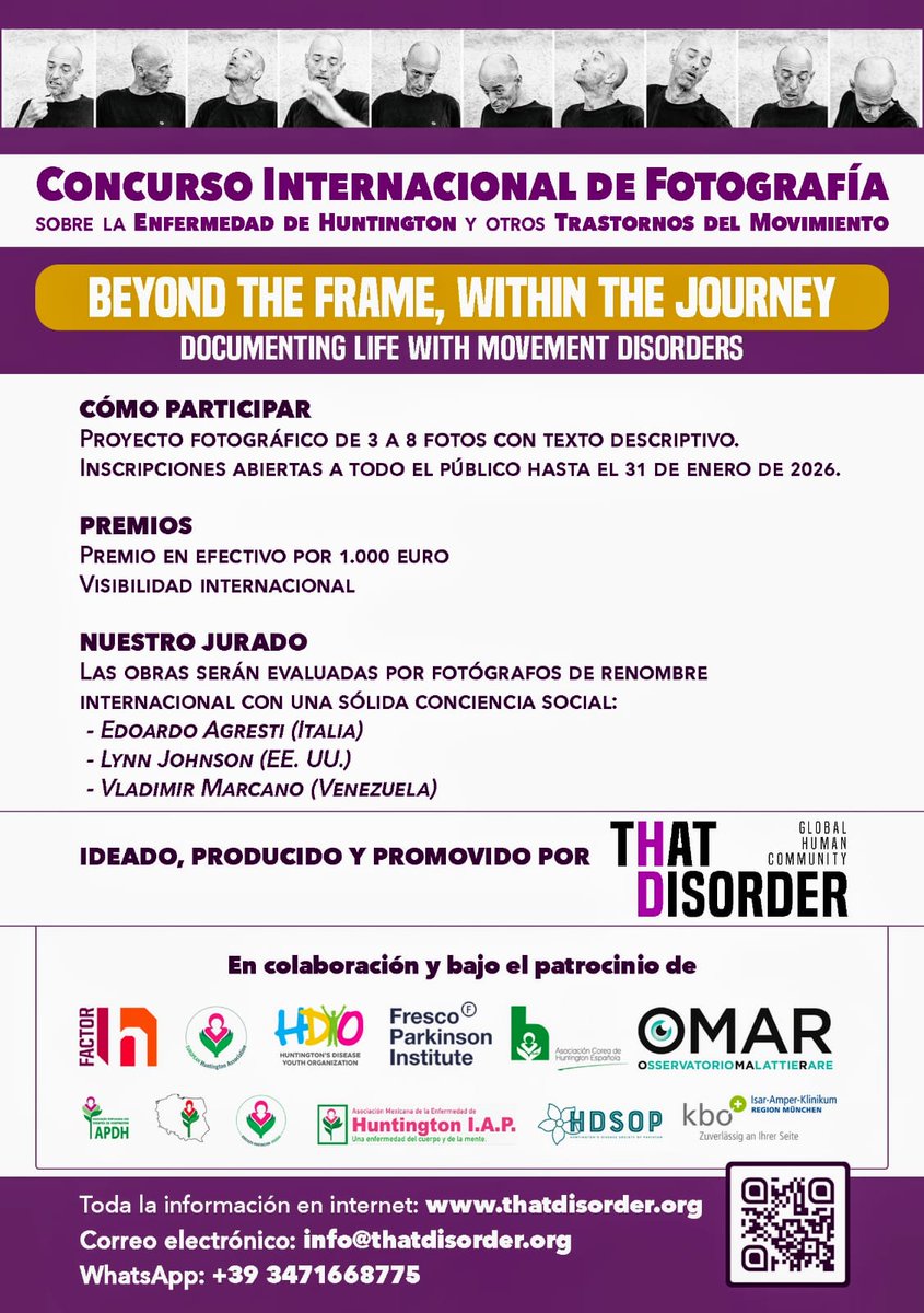 Atención, concurso sobre la enfermedad de Huntington.
Premio de 1.000€ y evaluación por fotógrafos de renombre
Dad difusión por favor. Es un una buena causa
Un abrazo
#EnfermedadesRaras #EnfDeHuntington
#HD