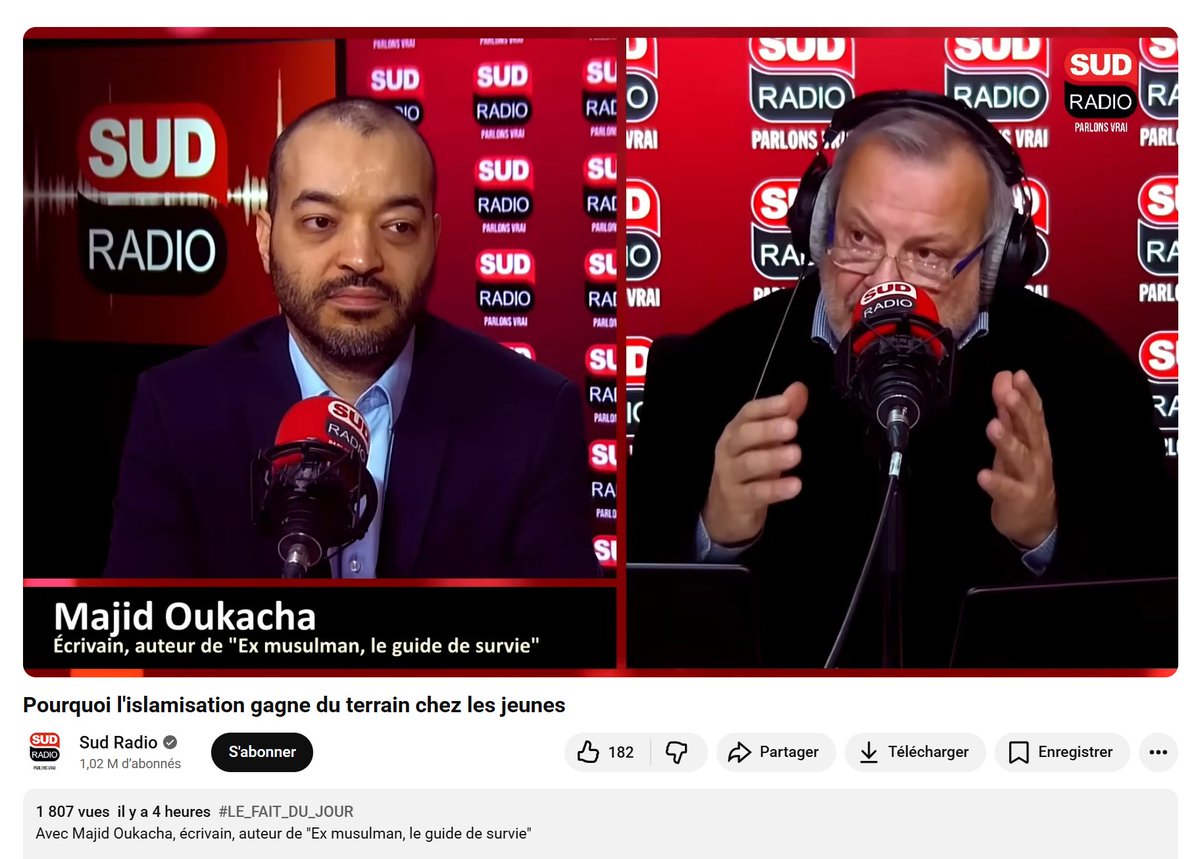 📻 La vidéo de mon interview, ce midi chez <a href="/SudRadio/">Sud Radio</a>, pour parler de l'islamisation qui gagne du terrain chez les jeunes musulmans, est à retrouver sur Youtube au lien suivant :

⬇️

youtube.com/watch?v=JT5geM…
