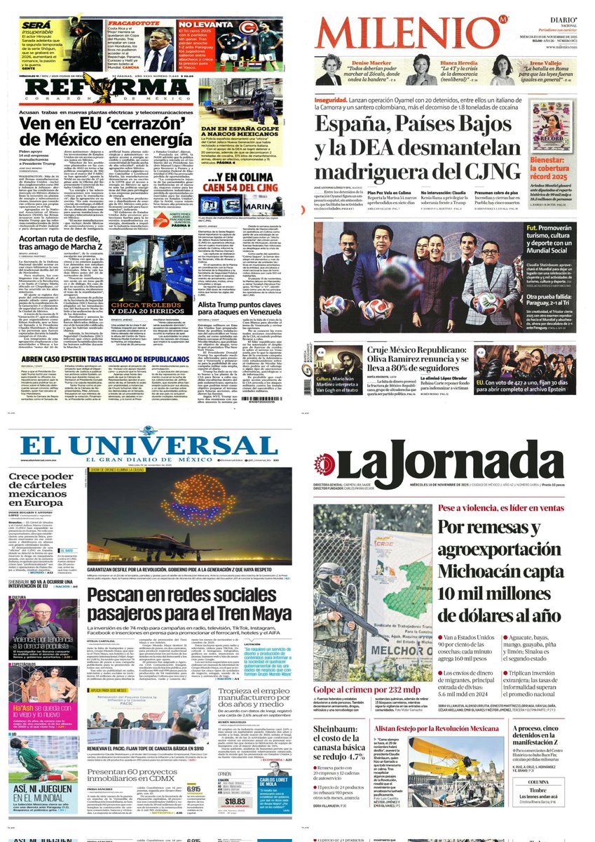castroclemente's tweet image. Las #Portadas 
-Desmantelan &quot;madriguera&quot; del CJNG en España
- En 910 pesos canasta básica 
- Tri sin rumbo 
Hay #monos ausentes
EsTT: #LMD7 Nayla, Deetox, Miguel Herrera y Costa Rica, Marcelo Ebrard 
Día Internacional del Hombre
#PrimerasPlanas
#TromposyPirinolas
#FelizMiércoles