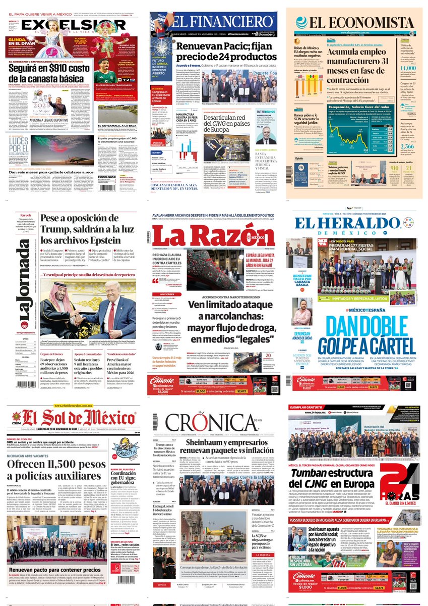 castroclemente's tweet image. Las #Portadas 
-Desmantelan &quot;madriguera&quot; del CJNG en España
- En 910 pesos canasta básica 
- Tri sin rumbo 
Hay #monos ausentes
EsTT: #LMD7 Nayla, Deetox, Miguel Herrera y Costa Rica, Marcelo Ebrard 
Día Internacional del Hombre
#PrimerasPlanas
#TromposyPirinolas
#FelizMiércoles