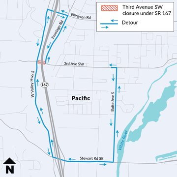 서드 애비뉴 SW는 이제 태평양에서 SR 167 아래를 가로지르며 폐쇄되었습니다.
