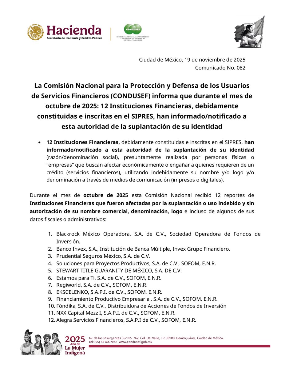 CondusefMX's tweet photo. #boletíndeprensa I #CONDUSEFEn octubre, 12 Instituciones Financieras reportaron la #SuplantacionDeIdentidad.
#COMUNICADO https://t.co/XWV9wj5dKu
#modusoperandi https://t.co/ntq8G1bq1E
#AltoAlFraude https://t.co/fFeFFD4c0n
