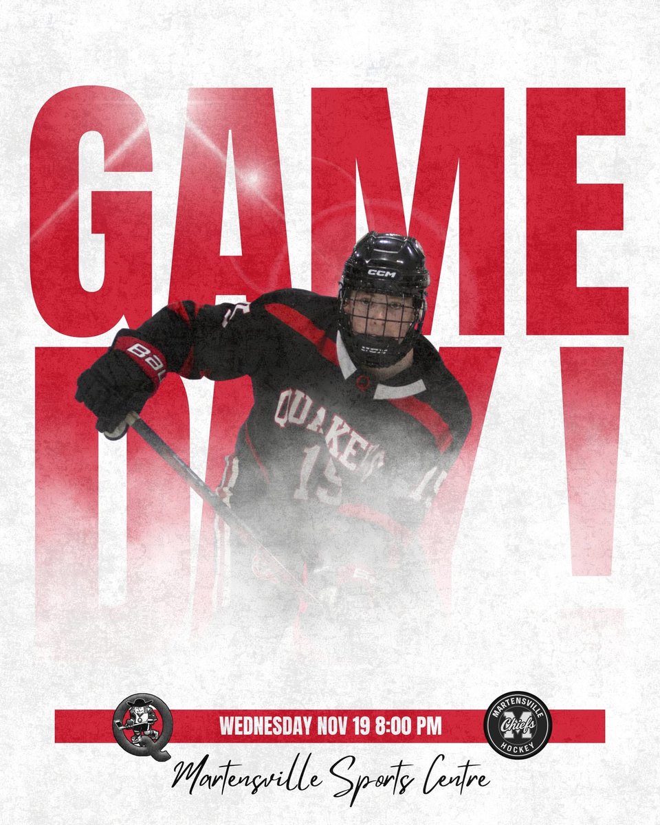 It’s GAME DAY! 

A midweek battle vs the Chiefs in Martensville.

🕗 Puck Drop: 8:00 PM
📍 Martensville Sports Centre

#QuakersHockey | #GameDay