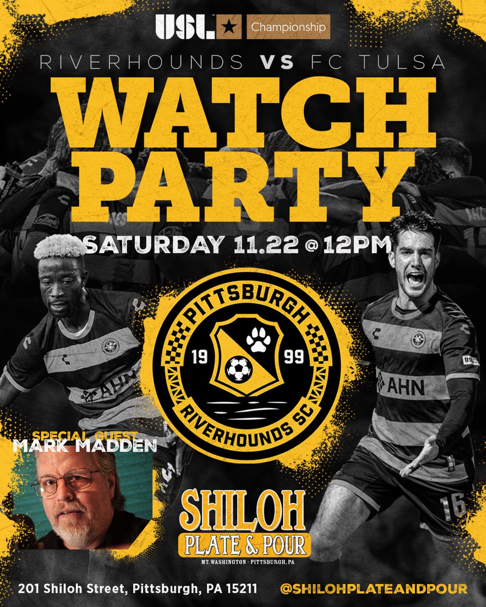 MarkMaddenX's tweet photo. SOCCER VIEWING PARTY! @RiverhoundsSC in USL championship game! Come watch w/the Super Genius Saturday at noon! @shilohplatepour on Mt. Washington! https://t.co/6fV8qgwbg3