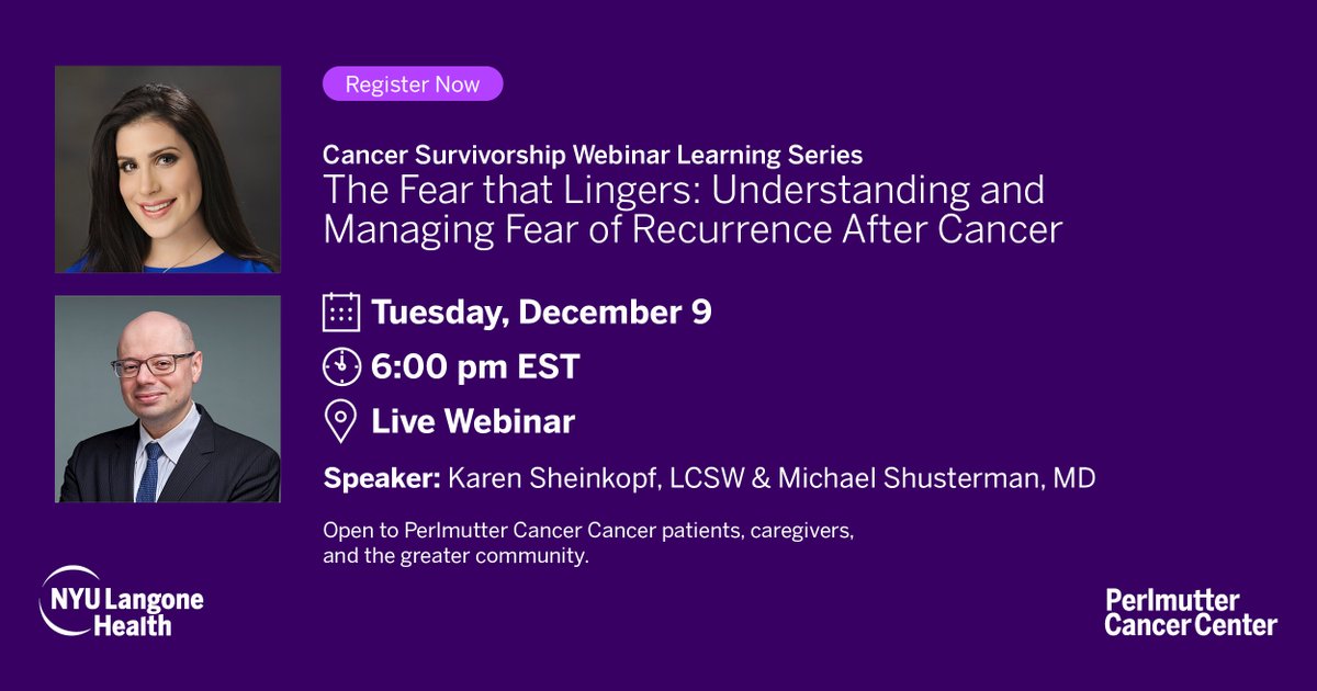 Perlmutter_CC's tweet image. Even after cancer treatment ends, the fear that it might return can feel heavy and persistent. Join Karen Sheinkopf, LCSW and Michael Shusterman, MD (@guildsman) to learn how to cope with fear of #recurrence &amp;amp; #scanxiety in cancer #survivorship.

RSVP: i.nyulangone.org/b9u