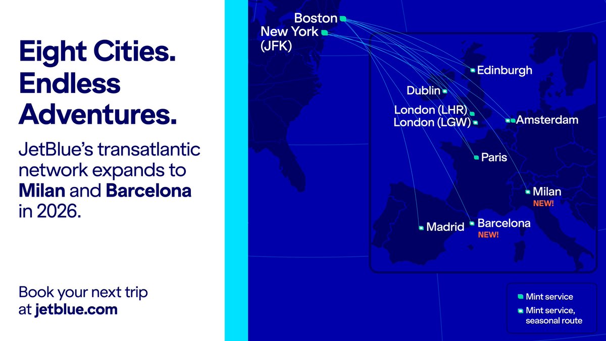 BREAKING: JetBlue Just Dropped New Transatlantic Routes! ✈️🌍
Buongiorno Milano and buenas dias Barcelona!!! ✈️✈️💙💙
<a href="/JetBlue/">JetBlue</a> #jetblue 

news.jetblue.com/latest-news/pr…