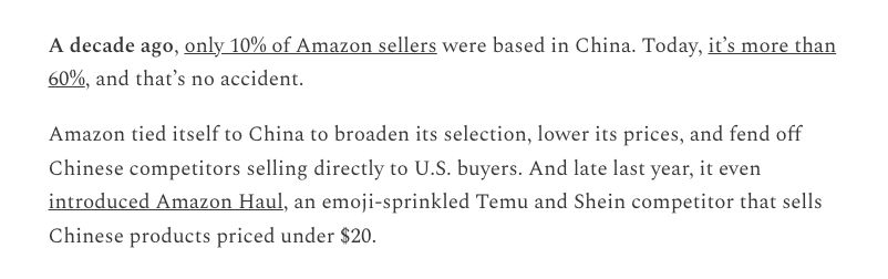 "A decade ago, only 10% of Amazon sellers were based in China. Today, it’s more than 60%, and that’s no accident." - <a href="/KristiCCoulter/">Kristi Coulter</a>