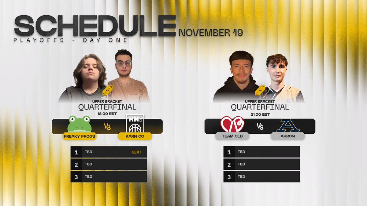 North America's proving grounds is back ⚔️

It's playoffs season 😎🔥
#FreakyFrogs ⚔️ <a href="/KarnLFO/">Karn And Co</a> 
⏰ 6:00pm EST

#TeamCLB ⚔️ <a href="/ZipsEsports/">Akron Esports</a> 
⏰ 9:00pm EST

Live tonight at 👇
📺 twitch.tv/Rainbow6Bravo
