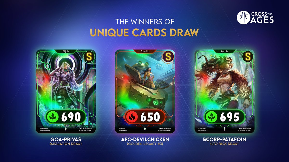 Unique cards draw 🌟

The draw for the 3 Unique cards from S2, S3, S4 took place 🔥

The winners are :

- GOA-Privas <a href="/PZebo49556/">Privas</a>
Eli'Jah Card (migration draw)
- BCORP-Patafoin <a href="/Arckaneon23/">Patafoin</a>
Lamis Card (LTO pack draw)
- AFC-DevilChicken <a href="/LDevilChicken/">DevilChicken</a>
Tannila Card(Golden Legacy #3)