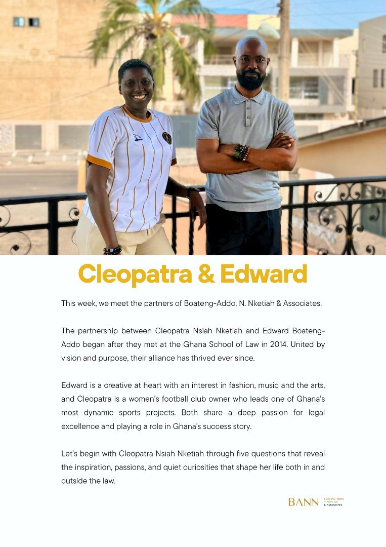BANNnassociates's tweet image. Today, we meet the partners of Boateng Addo, N. Nketiah &amp;amp; Associates. Cleopatra Nsiah Nketiah and Edward Boateng Addo came together in law school with one shared vision and have built a partnership that continues to thrive. 
#MeetThePartners #BANN #LawFirm #Ghana #LegalLeadership