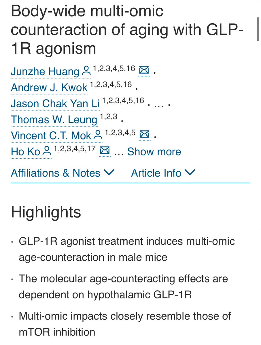 DKThomp's tweet image. New study: Mice treated with GLP1s saw body-wide anti-aging effects. Notably, the effects were present in older mice on minimal dosage that didn’t even cause weight loss. 

Caveat: No, humans aren’t mice. 
Prediction: Yes, I think maybe we’ll all be micro dosing GLP1 in a decade.