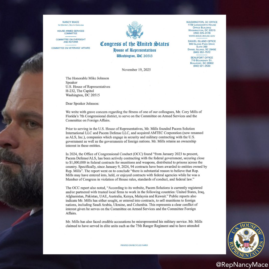 RepNancyMace's tweet image. 🚨We are URGING Speaker Johnson to strip Rep. Cory Mills of his committee assignments.🚨

Rep. Mills’ record is tainted by allegations of stolen valor, domestic a*use, and arms deals with the U.S. government and foreign nations while serving in Congress.

This is not a man who…