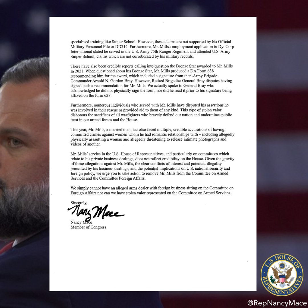 RepNancyMace's tweet image. 🚨We are URGING Speaker Johnson to strip Rep. Cory Mills of his committee assignments.🚨

Rep. Mills’ record is tainted by allegations of stolen valor, domestic a*use, and arms deals with the U.S. government and foreign nations while serving in Congress.

This is not a man who…