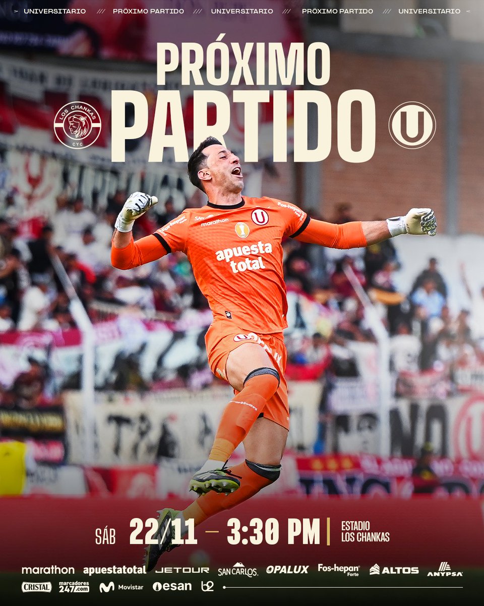 🔜 𝗣𝗥𝗢́𝗫𝗜𝗠𝗢 𝗣𝗔𝗥𝗧𝗜𝗗𝗢 𝗗𝗘𝗟 𝗧𝗥𝗜𝗖𝗔𝗠𝗣𝗘𝗢́𝗡

⚽ 𝘓𝘰𝘴 𝘊𝘩𝘢𝘯𝘬𝘢𝘴 𝘊𝘠𝘊  𝘷𝘴. 𝘜𝘯𝘪𝘷𝘦𝘳𝘴𝘪𝘵𝘢𝘳𝘪𝘰

🏆 𝘊𝘭𝘢𝘶𝘴𝘶𝘳𝘢 2025 - 𝘍𝘦𝘤𝘩𝘢 19

📅 𝘚𝘢́𝘣𝘢𝘥𝘰 22 𝘥𝘦 𝘯𝘰𝘷𝘪𝘦𝘮𝘣𝘳𝘦

⏱️ 3:30 𝘱.𝘮.

🏟️ 𝘌𝘴𝘵𝘢𝘥𝘪𝘰 𝘓𝘰𝘴 𝘊𝘩𝘢𝘯𝘬𝘢𝘴