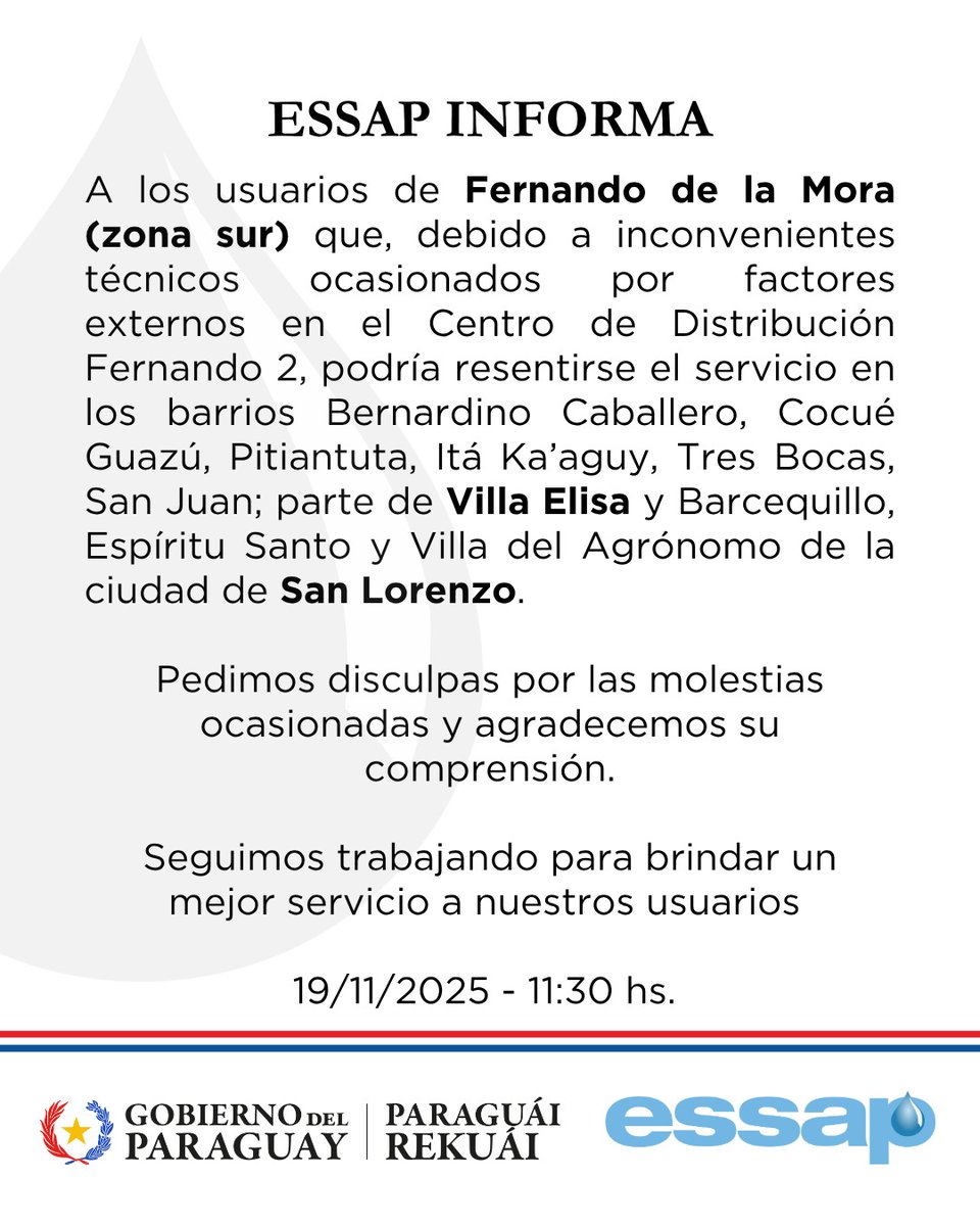 1000_am's tweet photo. ESSAP INFORMA DE INCONVENIENTES TÉCNICOS EN ASUNCIÓN Y CENTRAL | 🚰

🚿 Además de algunos barrios de la capital serán afectadas otras localidades.

🚿 Las mismas son Lambaré, Fernando de la Mora y San Antonio. https://t.co/jJ8Dn56sH1