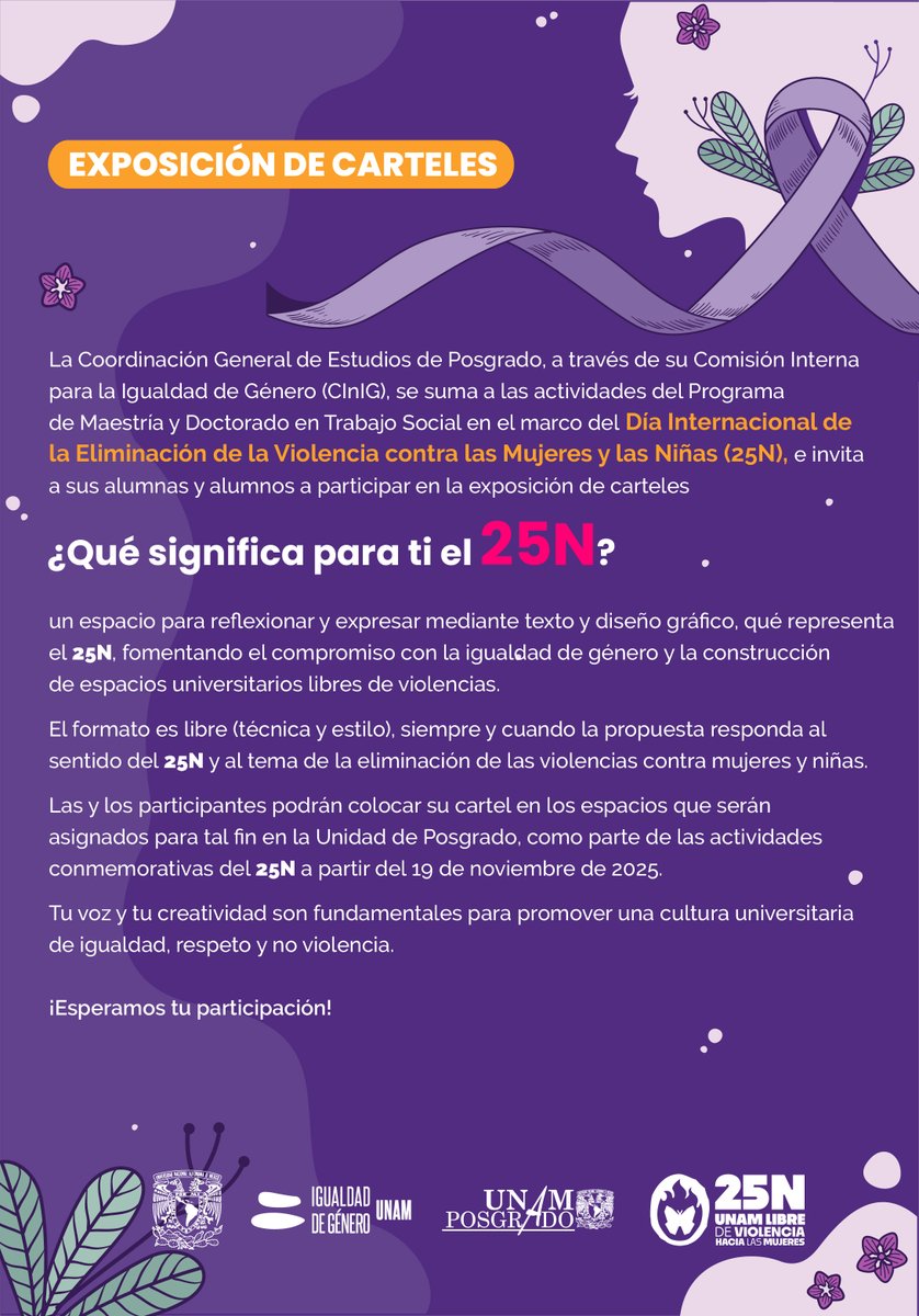 Alza la voz desde el arte 🎨✊
Participa en la exposición de carteles del 25N y contribuye a construir espacios universitarios libres de violencia. 💜