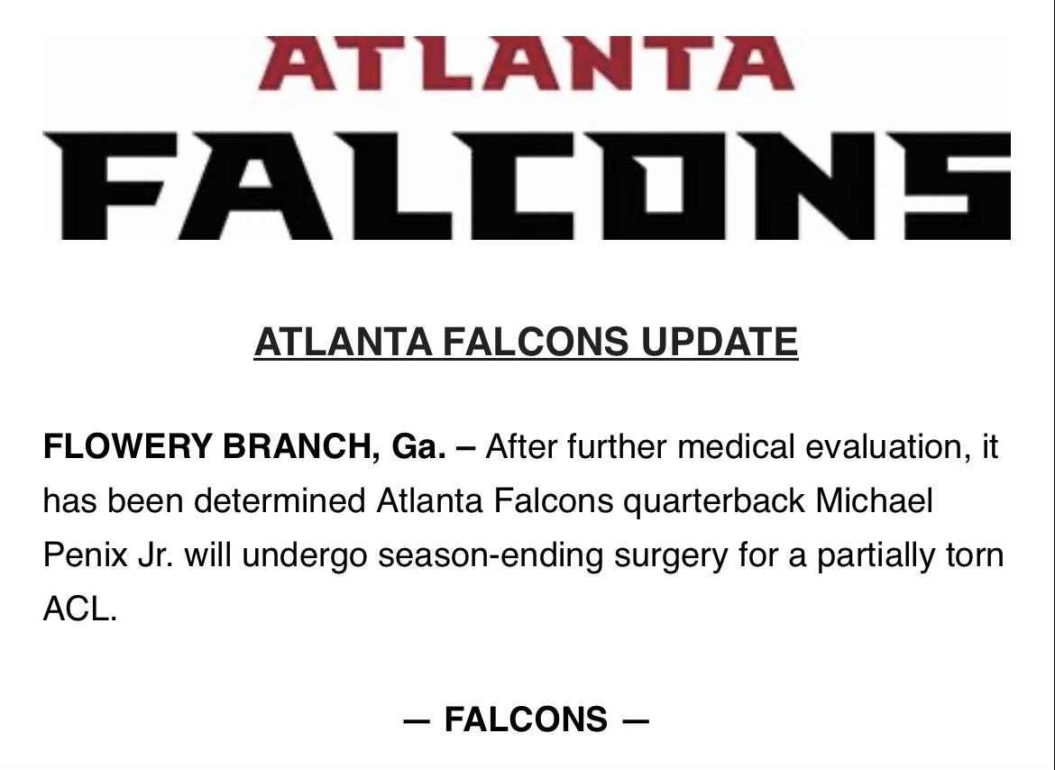 AdamSchefter's tweet image. Falcons QB Michael Penix is undergoing season-ending knee surgery.