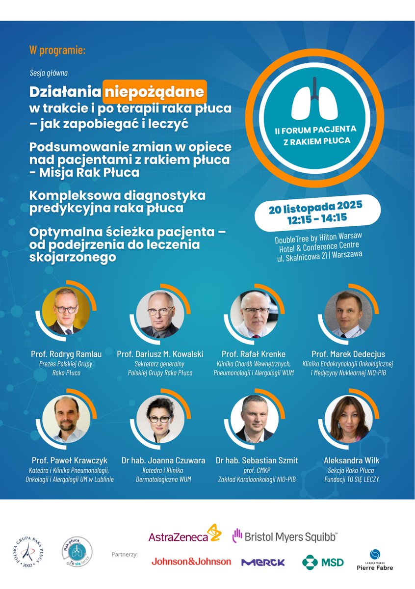 🫁 II FORUM PACJENTA Z RAKIEM PŁUCA
👉 Oglądaj na żywo 20 listopada od. godz. 12:15 na YouTube:  📷youtube.com/watch?v=jsMsRu… 

Tematem przewodnim będzie zarządzanie działaniami niepożądanymi mogącymi występować w trakcie lub po zakończeniu leczenia raka płuca.  

Spotkanie