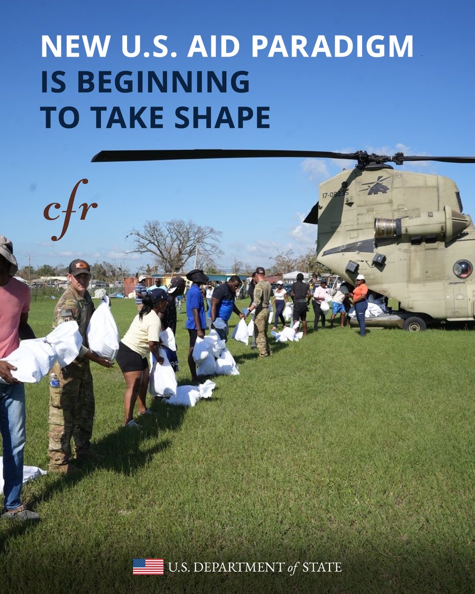 U.S. Army soldiers distribute food in Savanna-la-Mar, Westmoreland Parrish, Jamaica, Nov. 4, 2025, with graphic text “New U.S. Aid Paradigm is Beginning to Take Shape”
