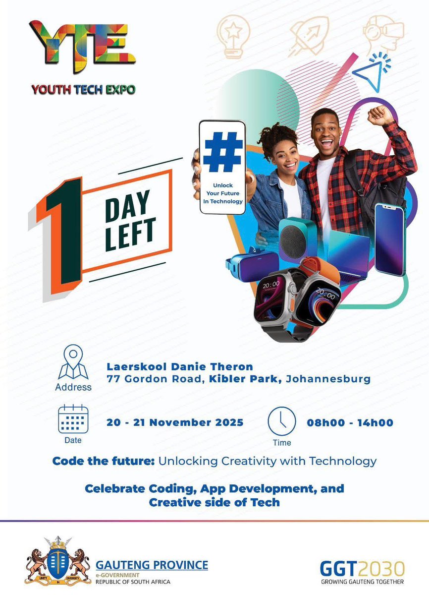 GautengeGov's tweet image. Kibler Park, Tomorrow si-on bafwethu 😌! 
Join us as we open the doors to endless possibilities at the Youth Tech Expo! 
Get ready for live demos, workshops, career info, and the latest in innovation. See you there! 
#YouthTechExpo #GautengYouth #TechForTomorrow