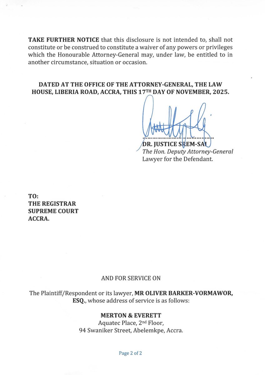 JusticeSremSai's tweet photo. Yesterday, we notified the Supreme Court of our decision to voluntarily disclose an important document in the “Reception Case”. We believe that the disclosure will help the Court to decide whether the Government breached the Constitution when we received some West African nationals from the United States.