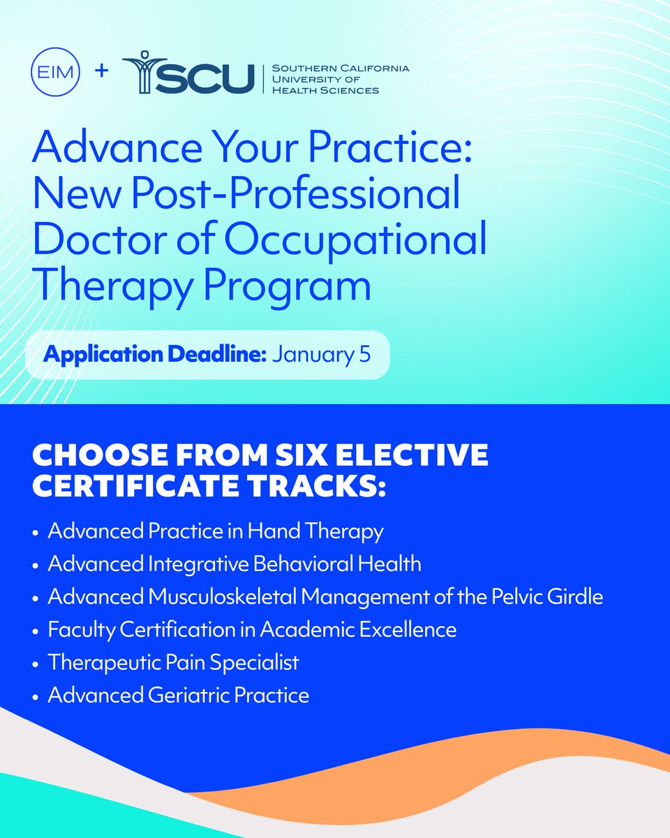 Choose your area of focus! Our new Post-Professional OTD program offers six specialty tracks designed to elevate your career and tailor your expertise! 🤩 

Applications close January 5! Learn more and apply here: bit.ly/4hh7kSl