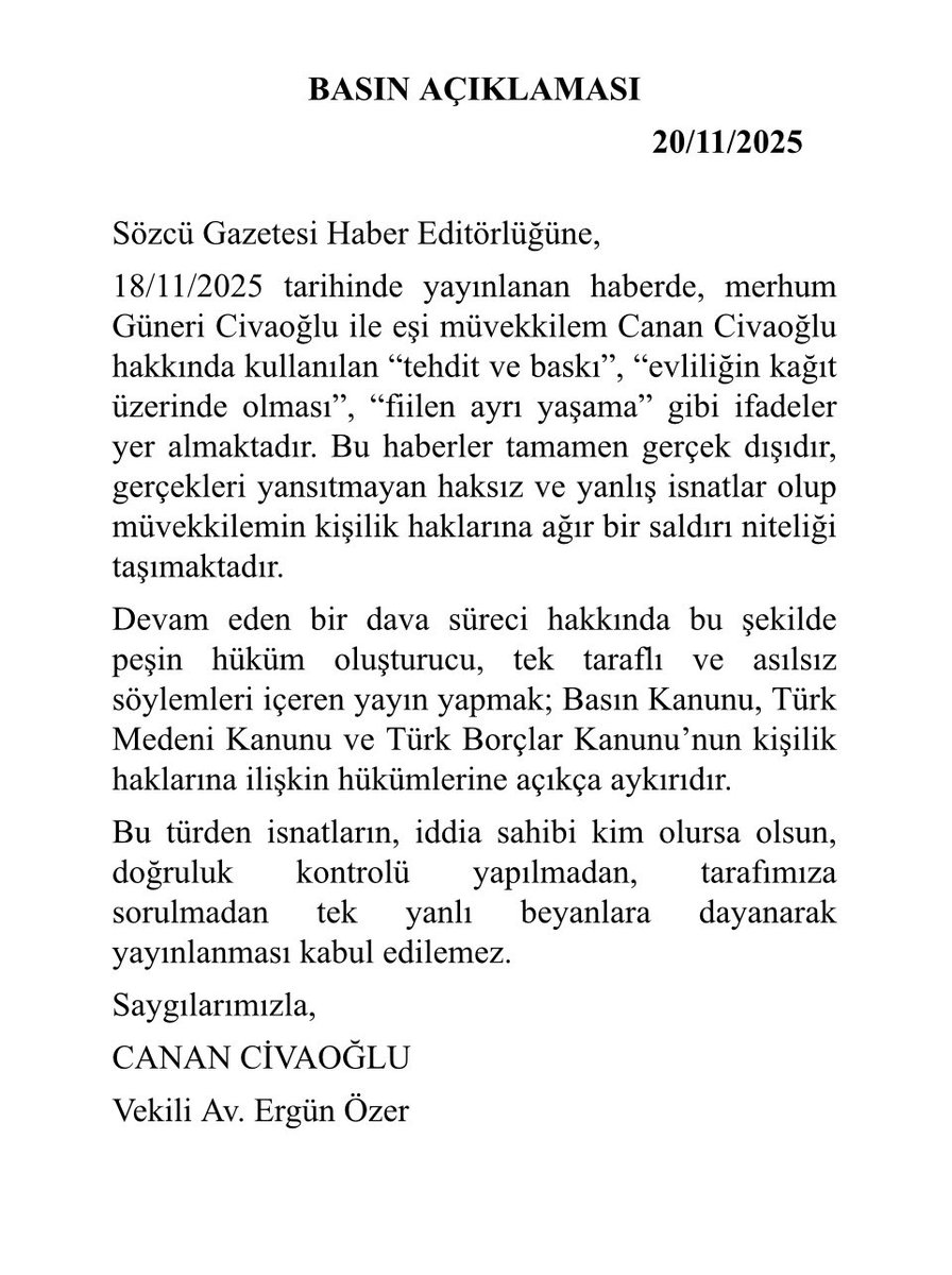 kubrakb's tweet photo. Güneri Cıvaoğlu mirası ile ilgili, başta Sözcü Gazetesi olmak üzere, Cumhuriyet Gazetesi ve haberin yer aldığı  diğer tüm medya kuruluşları ve kamuoyu için basın açıklamasıdır. @Sozcu @cumhuriyetgzt https://t.co/mYybmqwMhW
