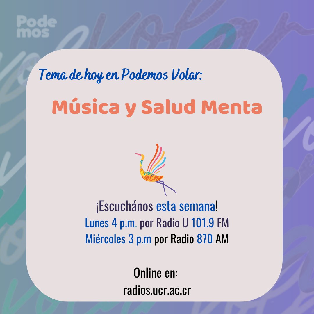 Escúchanos esta semana en la transmisión del programam de Podemos Volar sobre Música y Salud Mental. No te lo pierdas, hoy por radio 870 AM a las 3 p.m. 📻