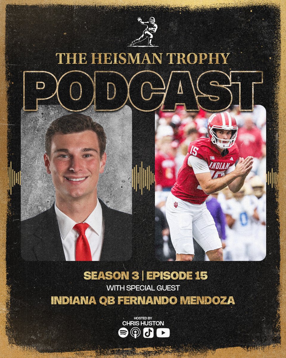 HeismanTrophy's tweet image. Indiana quarterback Fernando Mendoza joins the Heisman Trophy Podcast as @IndianaFootball sits at 11-0, eyeing a Big Ten title and potential playoff berth.🔥 

He reflects on pivotal moments of the season, like the last-second touchdown vs. Penn State, and shares how his transfer…