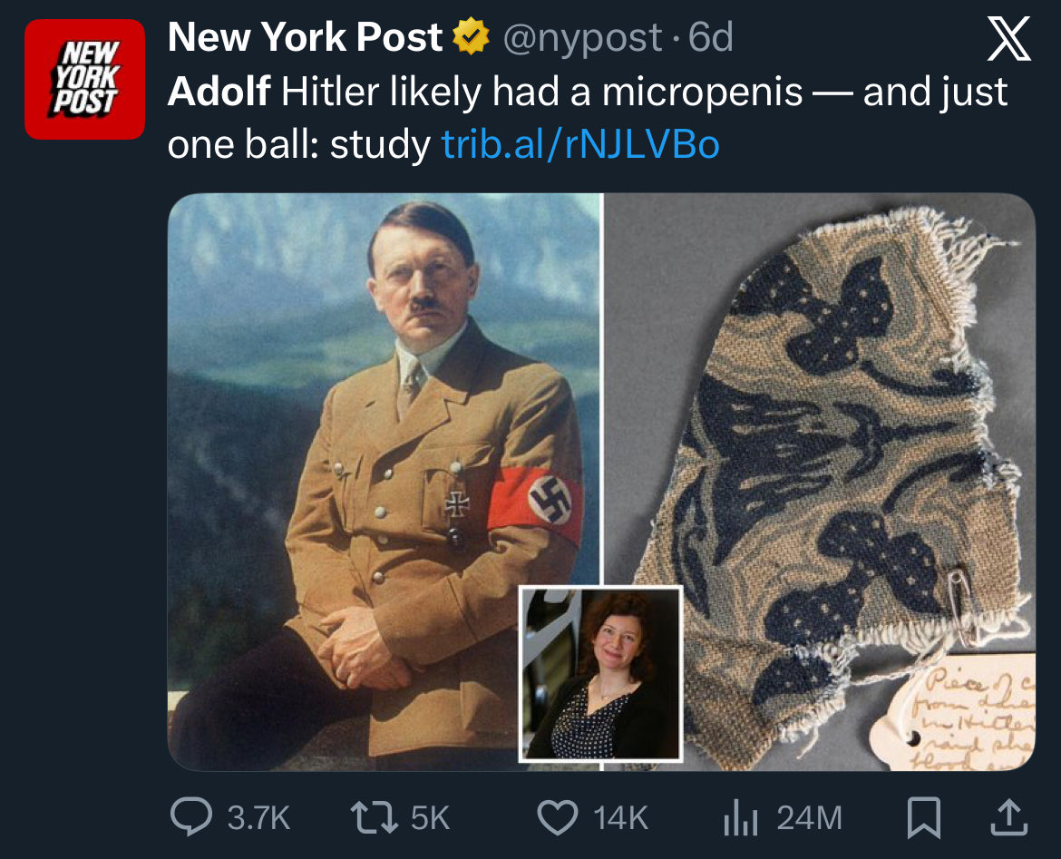 HisDudenessVII's tweet photo. @nypost Hitler and Epstein micro penis exposés in less than a week? It sounds like someone’s editor is working through something. https://t.co/AkR5gwWfpT