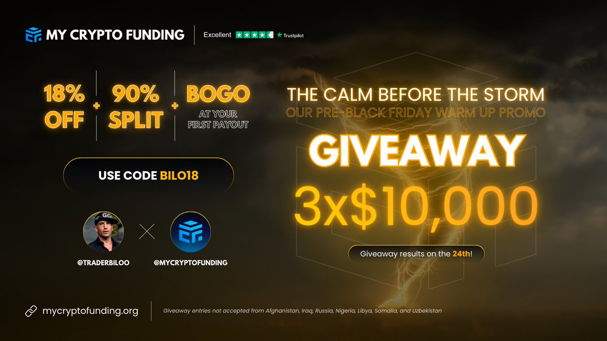 TraderBiloo's tweet photo. 3x10.000$ Fon çekilişi.
-Beni @MCFTurkiye @MyCryptoFunding hesaplarını takip et
-Gönderiyi beğen, rt yap ve 2 arkadaşını etiketle.

BILO18 Koduyla %18 inidirim %90 kar paşalımı ve bir alana bir bedava kampanyası(Funded olunca hesap tanımlanır) https://t.co/IUOEO74iCh