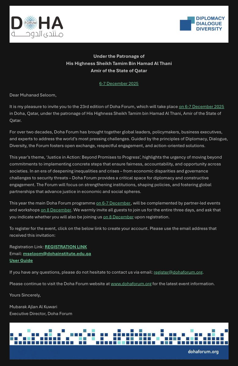 MuhanadSeloom's tweet image. Pleased to attend the 23rd @DohaForum this December. Important conversations ahead on justice, digital governance, and how emerging technologies are reshaping global security. #DohaForum2025 #TechSecurity #AIgovernance