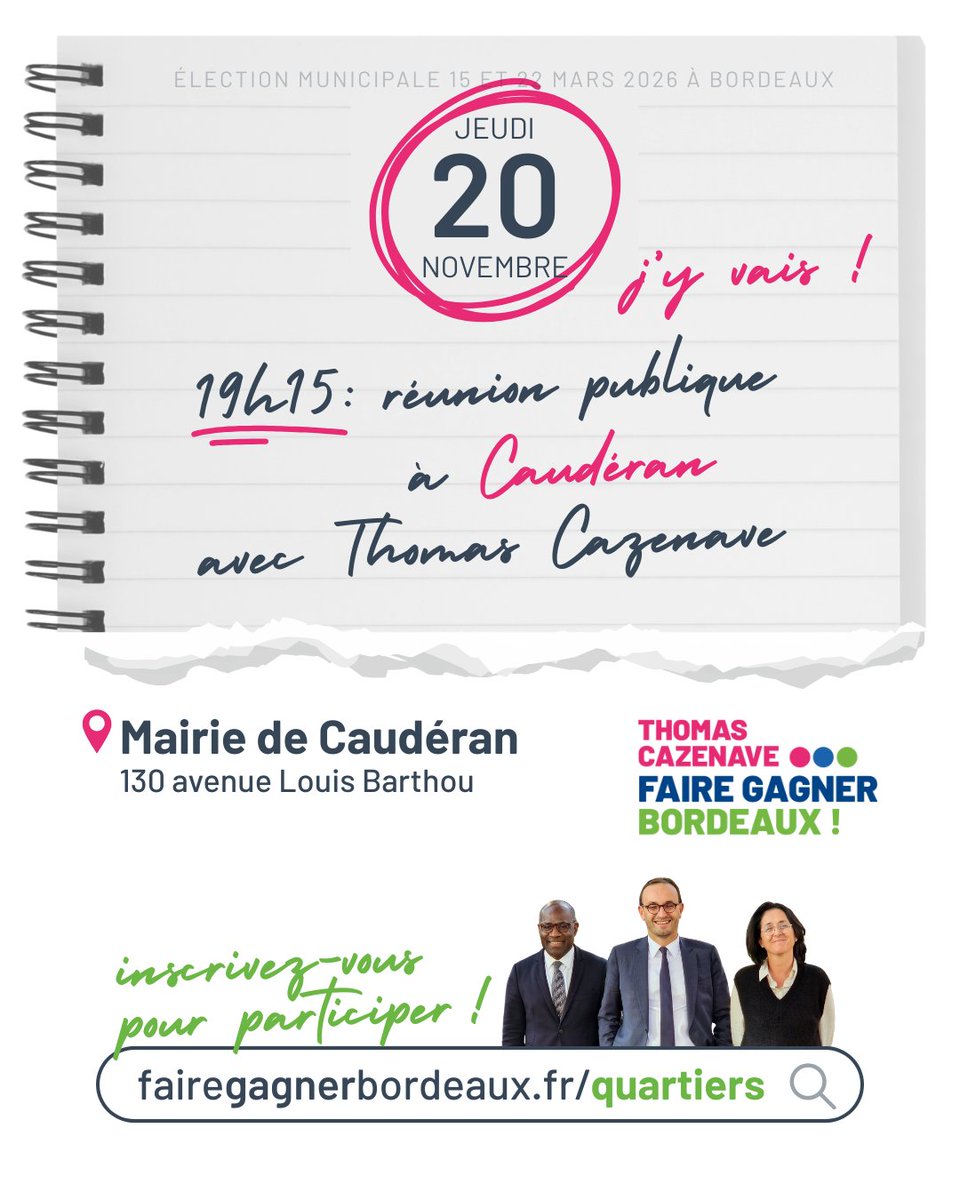 Caudéran avec <a href="/T_Cazenave/">Thomas Cazenave</a> , c’est ce jeudi!
On se retrouve à 19h15 à la mairie de Caudéran pour une réunion publique qui compte.
Vos attentes. Vos idées. Notre ambition pour #fairegagnerbordeaux en 2026.
Venez prendre la parole pour donner ensemble un nouvel élan à notre ville!