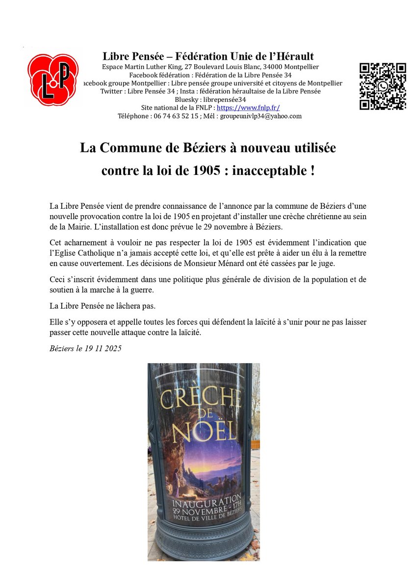 LibreGroupe's tweet image. R. Ménard veut une fois de plus pousser à la rupture avec la loi de 1905, pour rétablir le lien avec l&apos;Eglise... l&apos;accord de cette dernière bien sur. 
Il faut défendre la liberté de conscience ! 
Communiqué LP 34👇👇👇