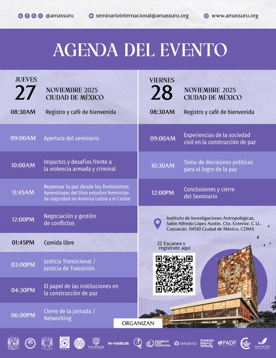 UNAM_FCPyS's tweet image. 📣 #Amassuru2025 | Seminario Internacional: Mujeres en seguridad y defensa 🕊️

📅 27-28 nov · CDMX – UNAM

Las mujeres son clave en la construcción de paz en contextos de violencia.

👉 ¡Acompáñanos! 

es.surveymonkey.com/r/seminarioama…

#UNAM #IIA #FCPyS #CES #CRI #MujeresEnSeguridad