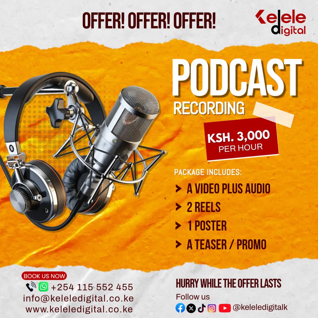 Do you need a studio or space to record your podcast? Call or WhatsApp us +254115552455
#Keleledigital #Keleleupdates #KeleleStudio #KelelePodcast keleledigital.co.ke