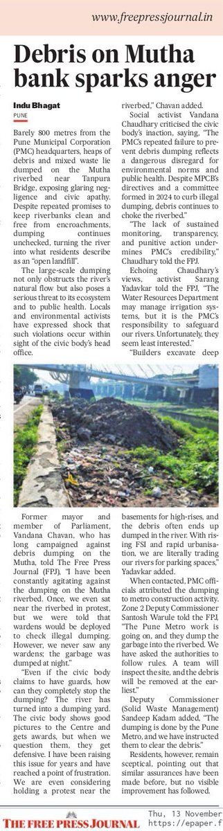 vandymini's tweet image. @mpcb_official All kinds of debris continue to choke the riverbed, turning our rivers into a neglected landfill. #Pune #climateaction @navalMH @PMCPune @moefcc @MoHUA_India @SwachhBharatGov @UNEP @CPCB_OFFICIAL  

freepressjournal.in/pune/pune-phot…
