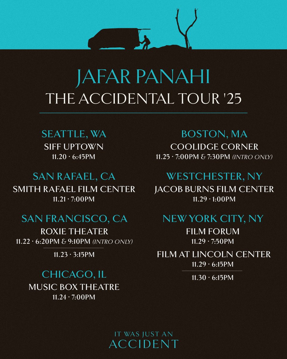 Jafar Panahi will go on tour in the US for the first time—all while crafting a new short film to document his journey. See IT WAS JUST AN ACCIDENT in a city near you and stay for in-person Q&amp;As with the Palme d’Or-winning filmmaker. 

Get tickets now: bit.ly/justanaccident
