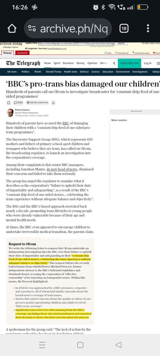 leakylike's tweet image. The Bayswater Support Group, which represents 650 mothers and fathers of primary school-aged children and teenagers who believe they are trans, has called on Ofcom, the broadcasting regulator, to launch an investigation into the corporation’s coverage.

archive.ph/Nq29J