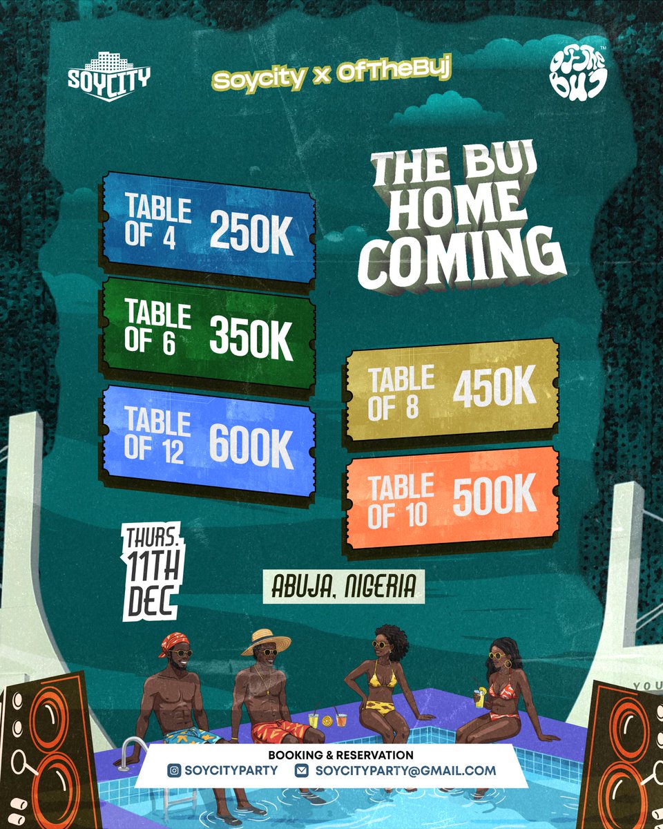 OfTheBuj_'s tweet photo. The party you've been waiting for all year is finally coming home.
@soycityparty × @ofthebuj present:
THE BUJ HOMECOMING
Abuja
11th December
Tell your group chat, because when Lagos' hottest party meets Abuja's finest...
#abuja #soycityparty #ofthebuj #homecomingabuja https://t.co/INz2sVxqtB