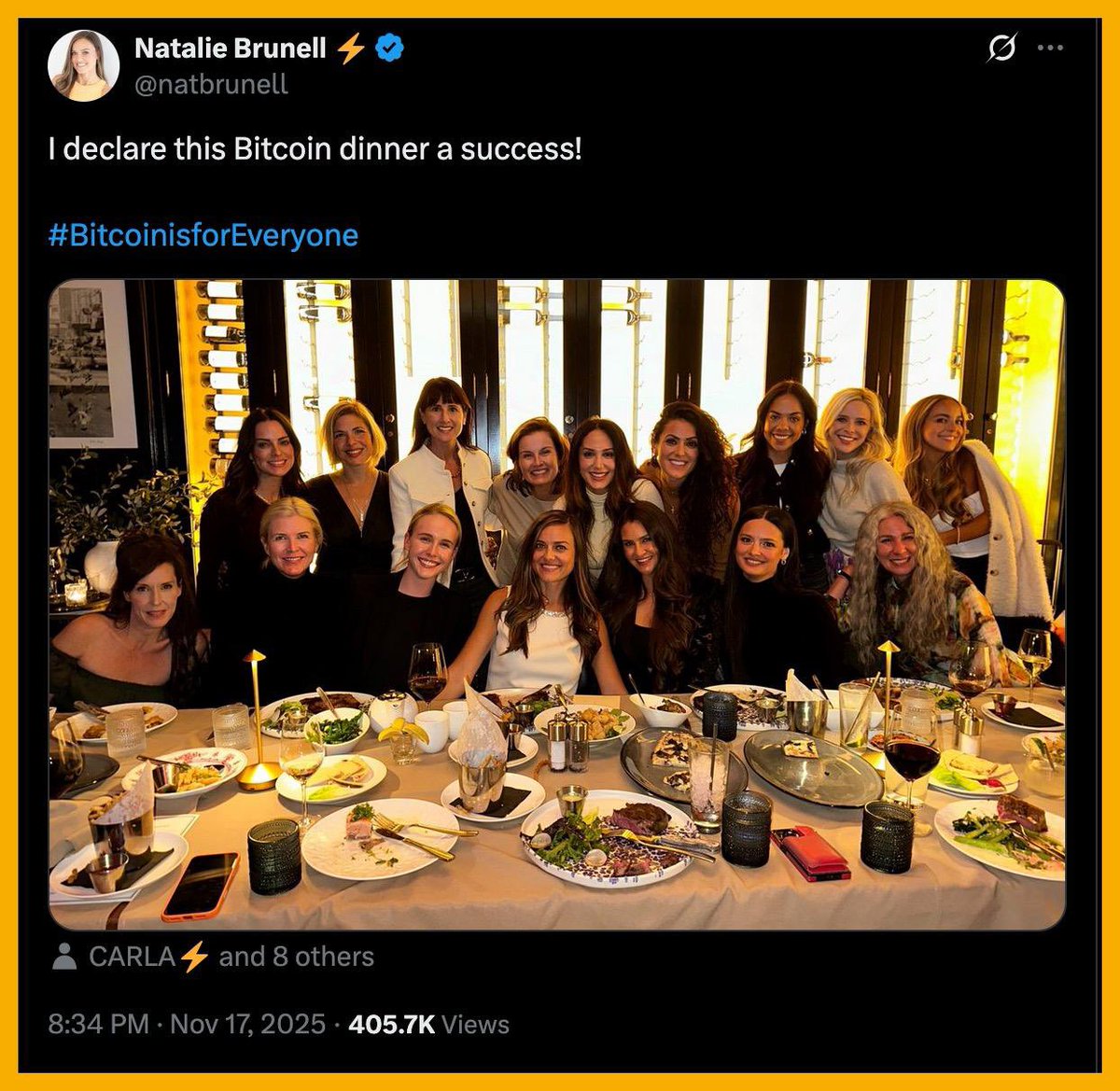 Dubai_x1000gem's tweet image. Natalie Brunell is posting photos again of her hanging out, dining, and having fun with her group of women Bitcoin investors.

The last time Natalie posted pictures like this was on November 11, 2021.

This can’t be real…