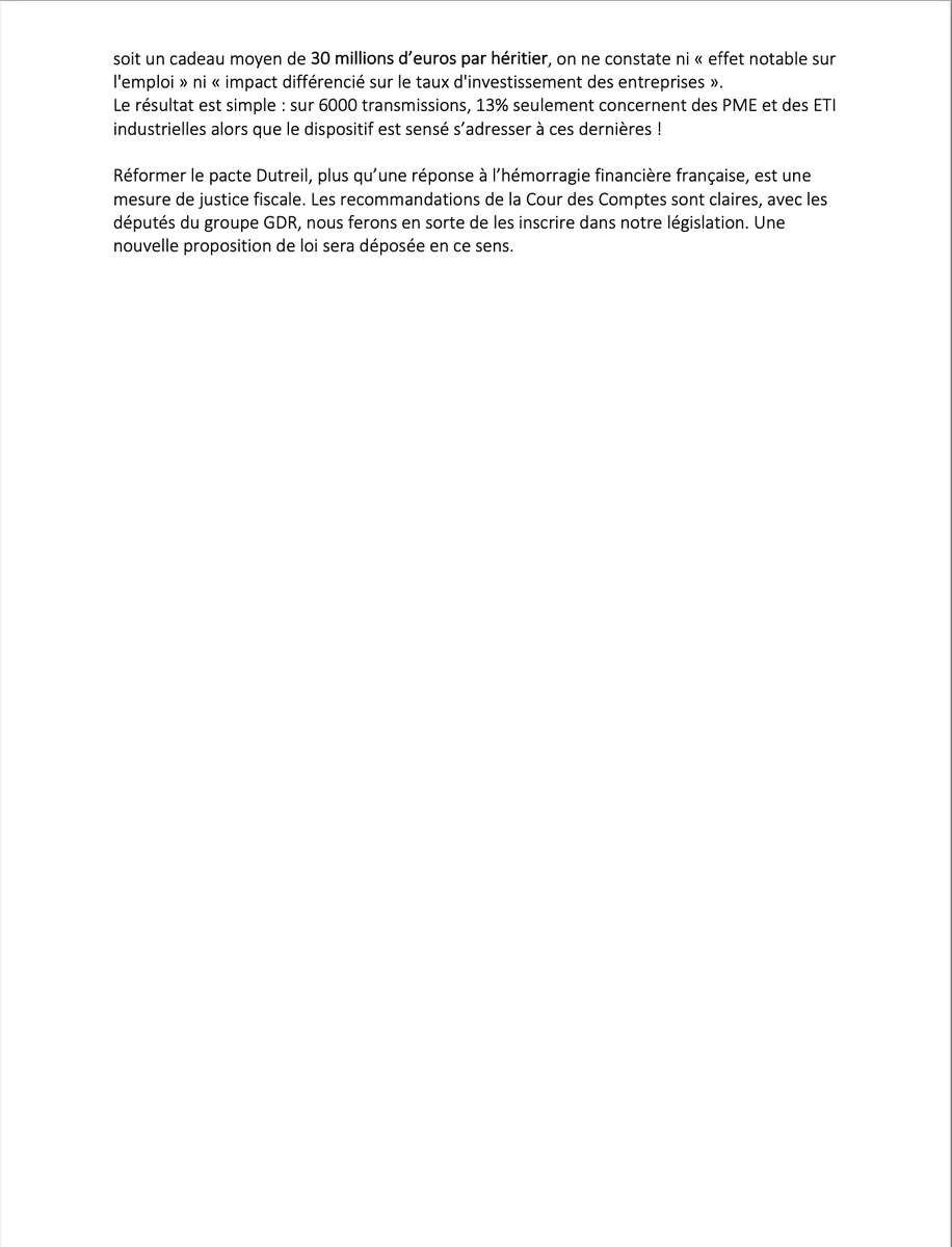 Les recommandations de la <a href="/Courdescomptes/">Cour des comptes</a> sont claires, le #PacteDutreil doit être encadré d'urgence car il ne produit d'effet notable ni sur l'emploi, ni sur l'investissement.

Nous déposerons une nouvelle proposition de loi pour les mettre en oeuvre. <a href="/NicolasSansu/">Sansu Nicolas</a>