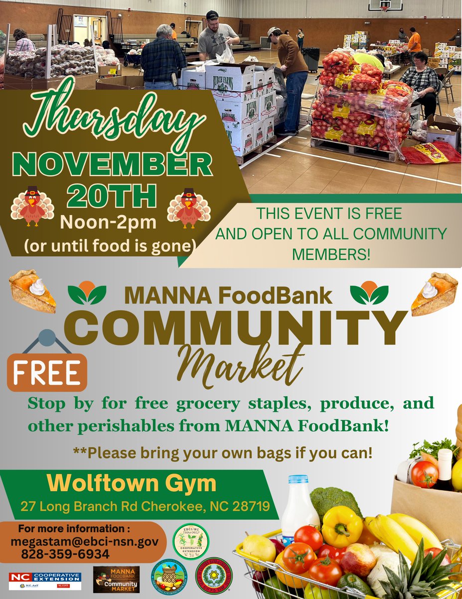 Tsalagi Public Health invites you to get your vaccines tomorrow while visiting the monthly MANNA Market at Wolftown Gym.

MANNA is a monthly food resource open to the community. Held at Wolftown Gym, hours are from 12:00 pm to 2:00 pm (or until food is gone).