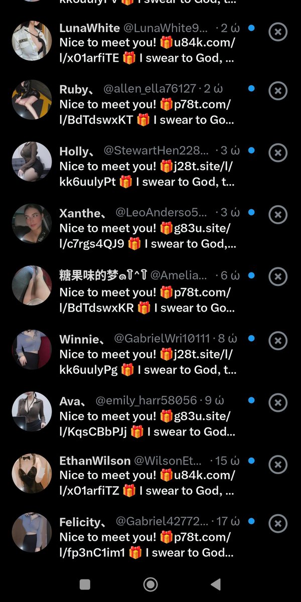 giorgioret's tweet photo. It’s raining bot DMs today.
Same message, different faces.
If you’re sending “Nice to meet you 🎁”… please don’t.
Stay safe out there.

#ScamAlert #BotSpam #XSafety https://t.co/nHsNhVYVR4