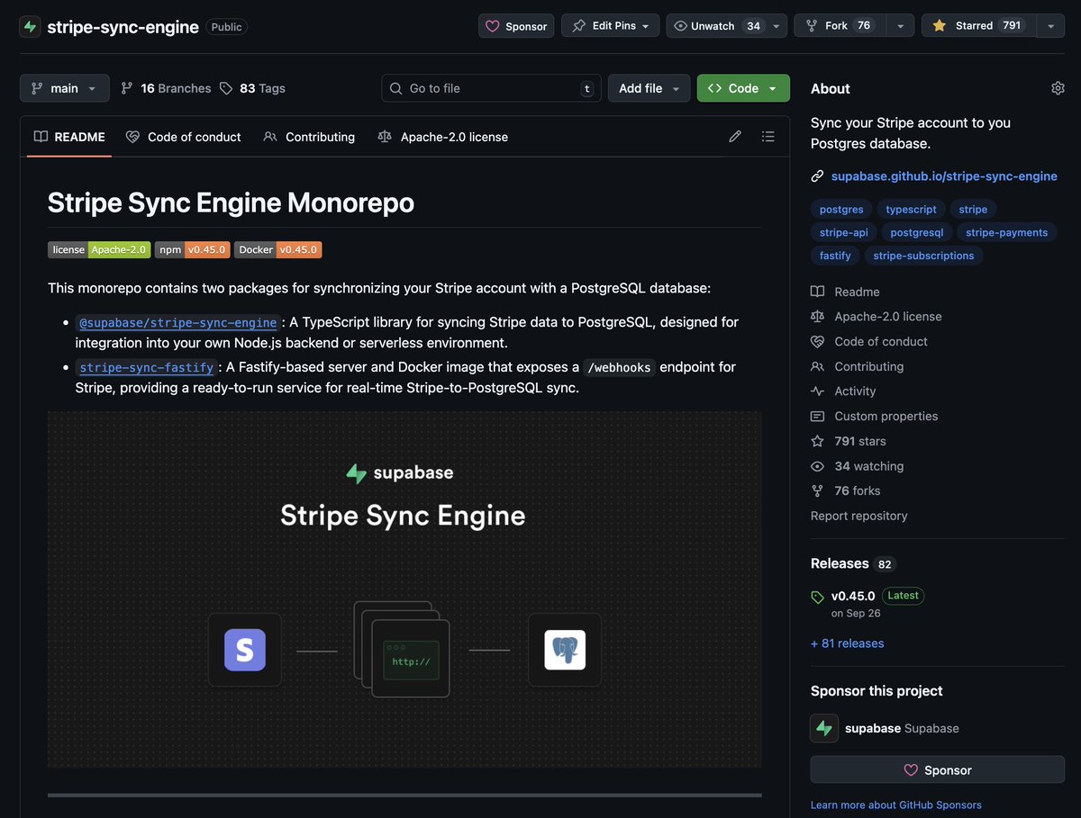 supabase's tweet image. We&apos;ve released a stripe sync-engine, which synchronizes your Stripe account to a Postgres database (in real time)