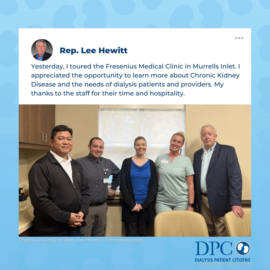 Thank you to Representative Lee Hewitt of South Carolina for visiting a local dialysis center and listening to patients and providers. Your commitment to the kidney community means so much. 💙 #KidneyAdvocacy #DialysisCare
