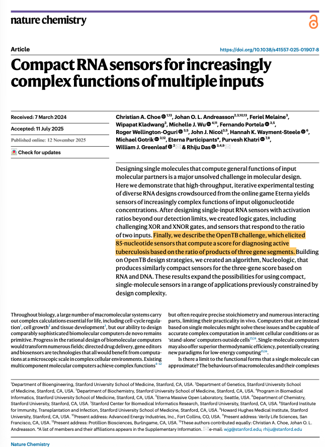 NikoMcCarty's tweet image. This is a fun paper about crowdsourcing biosensor designs.

TL;DR There is this "video game" called Eterna where players design RNA sequences at home, and then their designs are actually synthesized and tested in a laboratory.

Eterna is built on a program called NUPACK which…