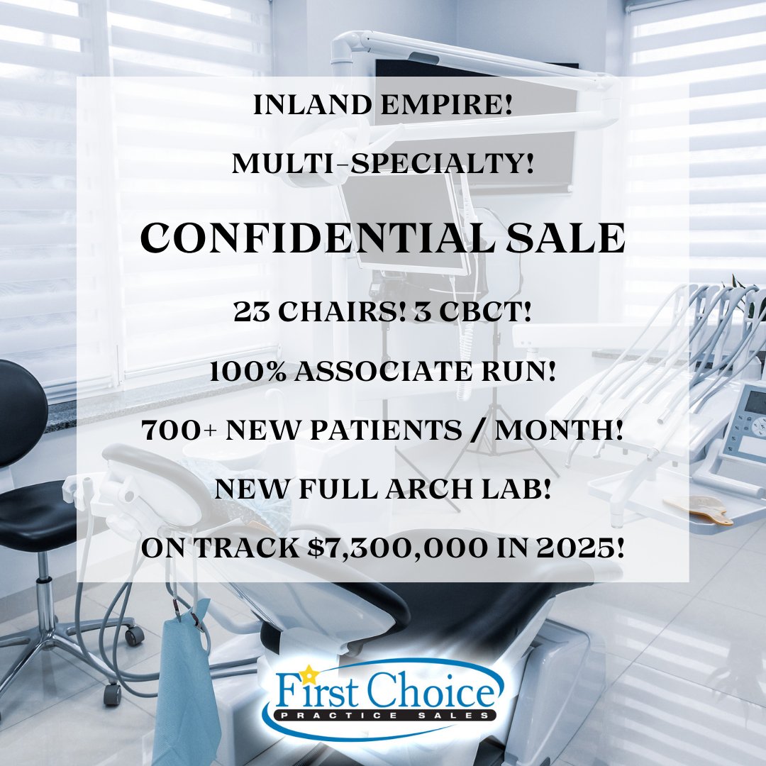 FirstChoicePS's tweet image. New Listing! 🦷 Multi-Specialty Dental Practice – Inland Empire

Listing # 25 - 350
Asking $4,900,000
23 Ops | 23 Chairs

🔹Massive Specialty Practice!
🔹Hundreds Of New Patients Per Month!
🔹All Specialties! Expanding Into Full Arch &amp;amp; Lab Work!
🔹Collected $3,740,485 as of 6/30!…