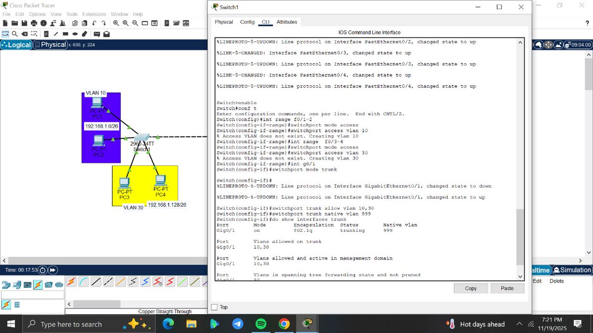 amyy_nwa's tweet image. Day13/100 #100DaysOfNetworking
Implemented interVLAN routing using Router on a stick
Configured trunk links with consistent native VLAN setting
Created subinterfaces,also assigned appropriate ip addresses.@ireteeh @NetworkQueenX @OnijeC @TemitopeSobulo @sisinerdtweets @segoslavia
