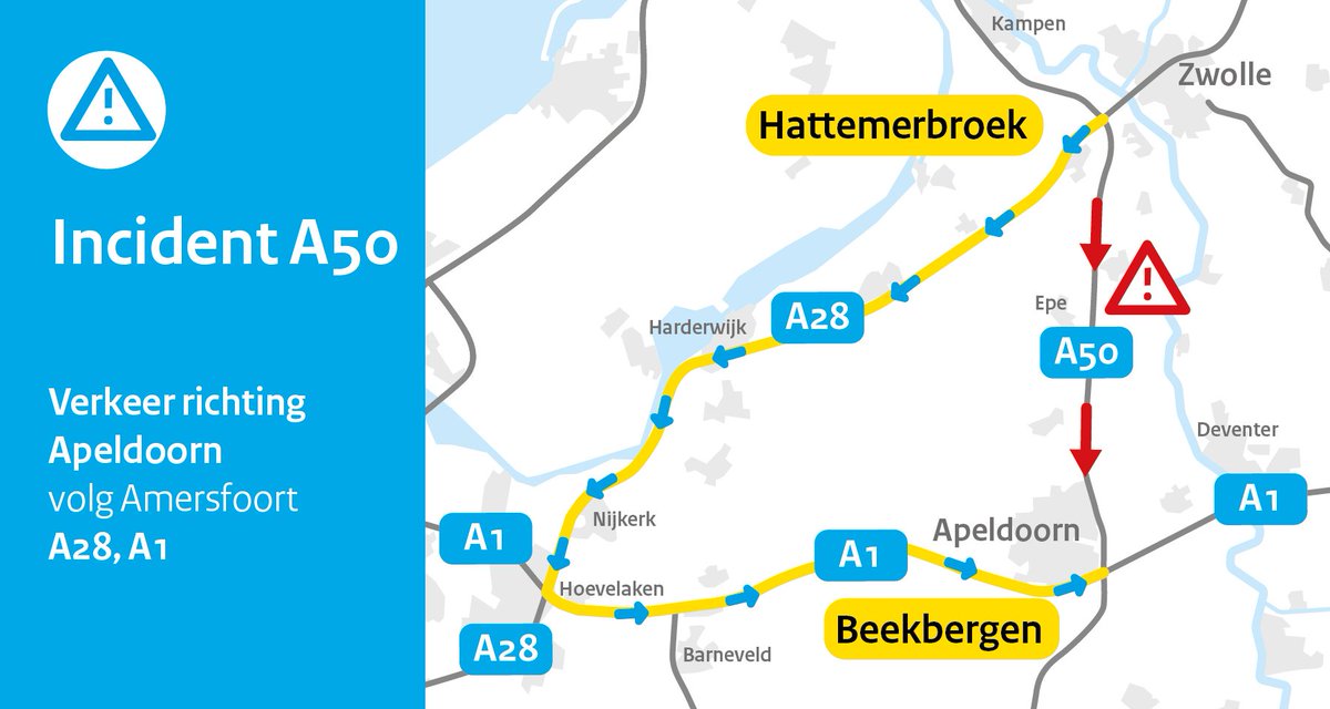 Ongeval met meerdere voertuigen op A50 bij Vaassen